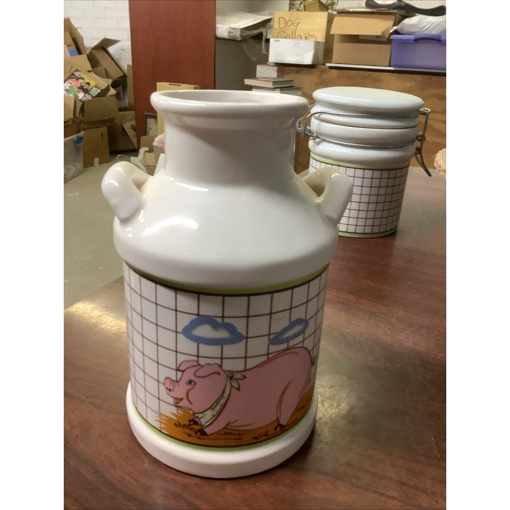 Vintage Ceramic Pig Milk Canister-Container-Jug-Utensil Holder-Farm Scene-Farm